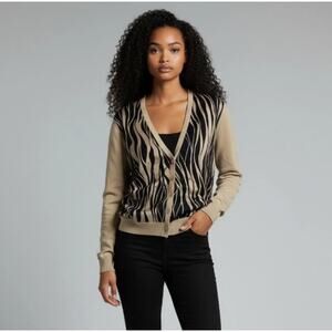 Lauren Ralph Lauren V-Neck Animal Print Silk Cotton Cardigan Sweaters Sz L